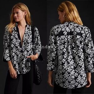 ANTHROPOLOGIE Embroidered Popover Blouse Tops Black White NWT